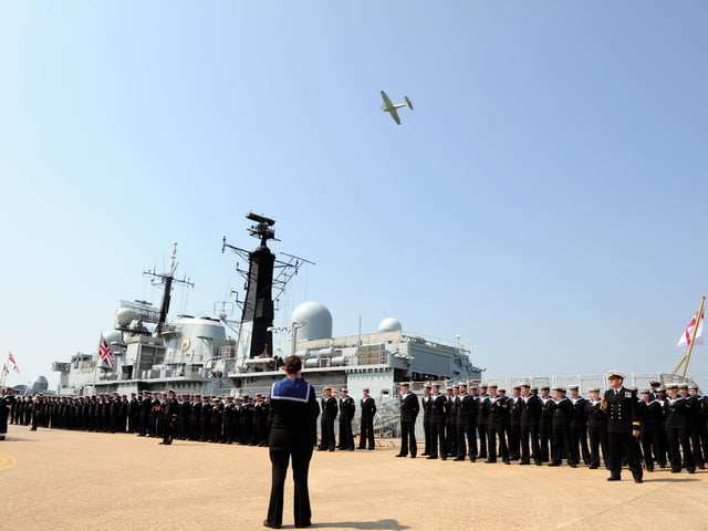 HMS Edinburgh Decommissioning service at the Portsmouth Naval Base. Pictured is a flypast by Sea Fury. Picture: Paul Jacobs  (131534-5)