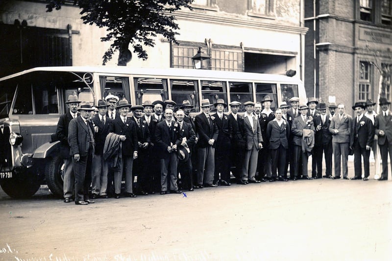 Works outing. Employees of Curtiss & Sons in Marmion Road, Southsea, before their annual outing in the 1930's.