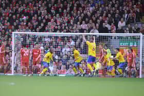 Hawks stun the Kop by taking the lead in their FA Cup fourth round tie at Liverpool in January 2008. Pic: Allan Hutchings.