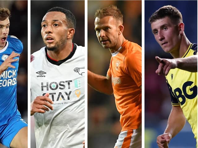 From left to right: Peterborough’s Harrison Burrows, Derby County’s Nathaniel Mendez-Laing, Blackpool’s Jordan Rhodes and Oxford’s Cameron Brannagan all make the League One team of the season so far.