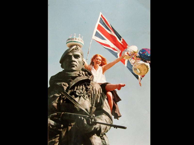 Maria Collins celebrates with the Yomper 8th July 1993