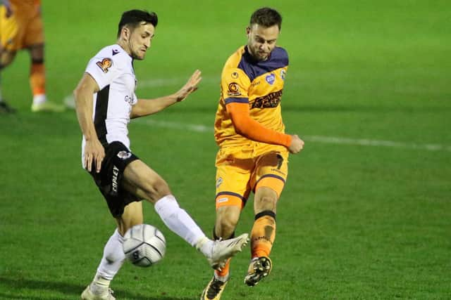 Josh Taylor, right, scores Hawks' consolation at Dartford. Picture: Kieron Louloudis.