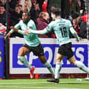 Ex-Pompey man Destiny Ojo celebrates scoring a late winner in Cliftonville's BetMcLean Cup semi-final triumph over Larne. Picture: Andrew McCarroll/Pacemaker Press