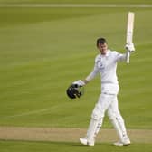 Hampshire's Nick Gubbins celebrates reaching his hundred during day one of the LV= Insurance County Championship match at The Ageas Bowl. He went on to reach three figures in the second innings as well. Picture: Andrew Matthews/PA Wire.