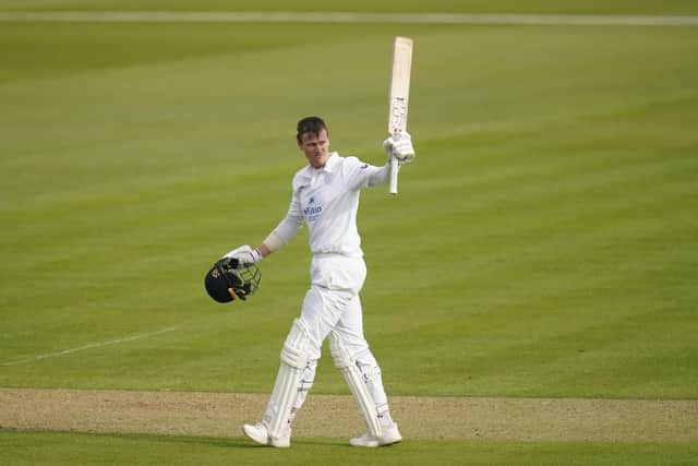 Hampshire's Nick Gubbins celebrates reaching his hundred during day one of the LV= Insurance County Championship match at The Ageas Bowl. He went on to reach three figures in the second innings as well. Picture: Andrew Matthews/PA Wire.