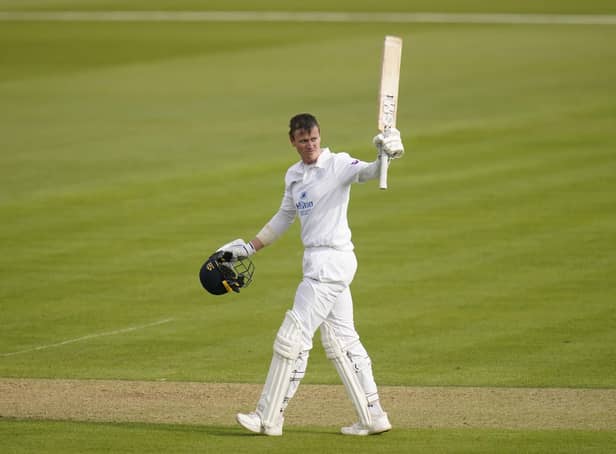 Hampshire's Nick Gubbins celebrates reaching his hundred during day one of the LV= Insurance County Championship match at The Ageas Bowl. He went on to reach three figures in the second innings as well. Picture: Andrew Matthews/PA Wire.