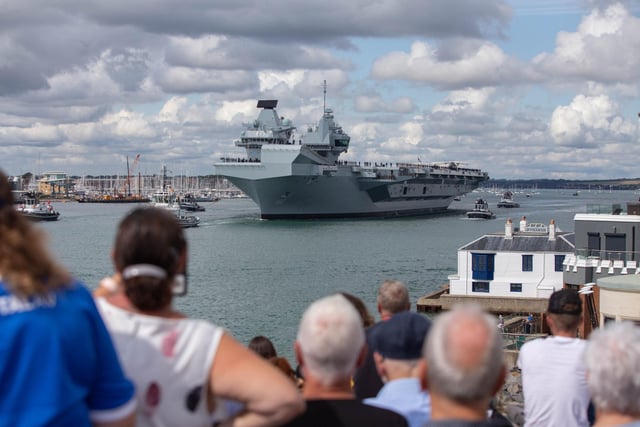 HMS Prince of Wales left Portsmouth on Friday, September 1, 2023, as she was headed for the USA on deployment. Well-wishers once again gathered at The Round Tower at Hotwells in Old Portsmouth to see her departure.