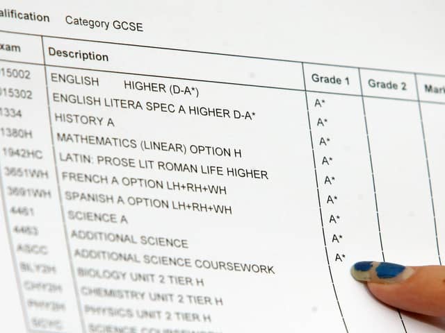 A close-up view of a piece of paper showing someone's GCSE results