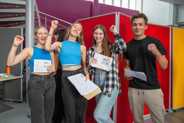 From left: Amelia Underwoood - A,B,B, Megan Hall - 3A's and a B, Nadine Smith 3 B's and Joel Matthews B, C, C, at Portsmouth College, Tangier Road, Portsmouth.
Picture: Habibur Rahman