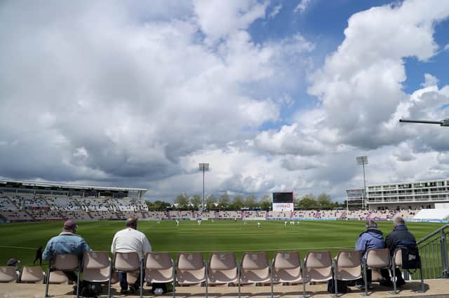 Spectators watch the LV=Insurance County Championship match between Hampshire and Leicestershire at The Ageas Bowl today. Photo by Warren Little/Getty Images.