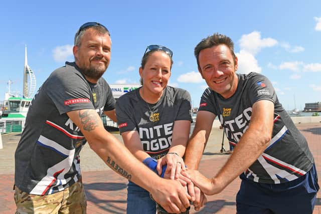 Jay Saunders, pictured right with Squadron Leader Sherry McBain - who he helped prepare for the Invictus games, and former soldier John Shepherd, left.