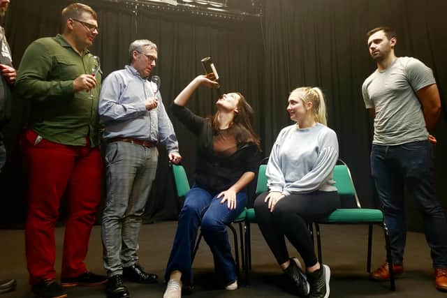 Humdrum stage Charley's Aunt in rehearsal, from left: Nathan Blake, Rob Scott-Moore, Leila Morello, Lauren Haskett and Michael Gondelle