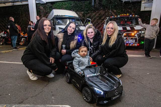 LLP car meet are highlighting how their car meet is different from any other

Pictured:  Marie Felton, Krystal Norris, Pip Urry, Tia Felton and George 1 in his mini Mercedes AMG at  Tesco carpark, Havant on Wednesday 1st February 2023

Picture: Habibur Rahman