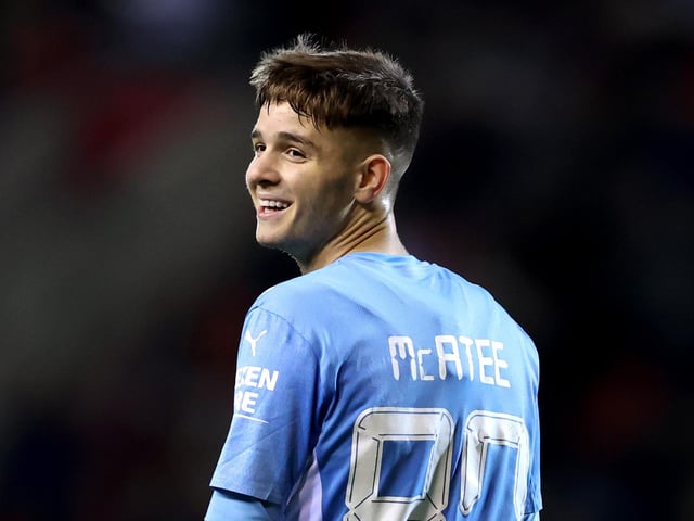 Cowley pulls off the eyebrow-raising loan signing of Manchester City starlet Liam McAtee and starts him as a number 10. The starlet forms one third of Pompey's head coach's new-look forward line. Picture: George Wood/Getty Images