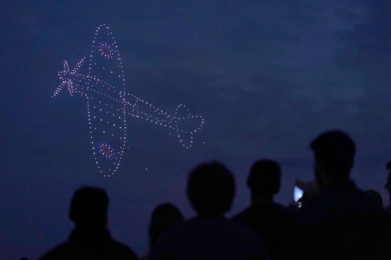 Drones make a Spitfire during a drone display telling the story of D-Day above the coastline in Portsmouth, at the end of the BBC broadcast of the Great Vigil, ahead of the 80th anniversary of D-Day. Picture: Andrew Matthews/PA Wire