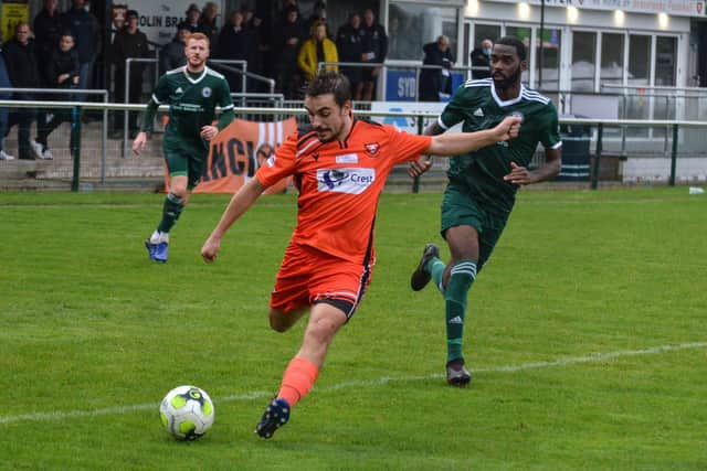Rob Evans on the ball for Portchester during their shock home loss to Brockenhurst. Pic: Daniel Haswell.