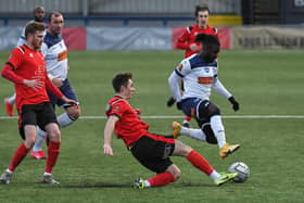 Hawks sub Daniel Ajakaiye in action during the loss to Eastbourne. Pic: Neil Marshall.