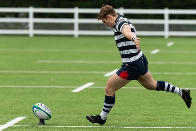 Havant captain Joel Knight kicks a conversion. Picture: Keith Woodland (070821-517)