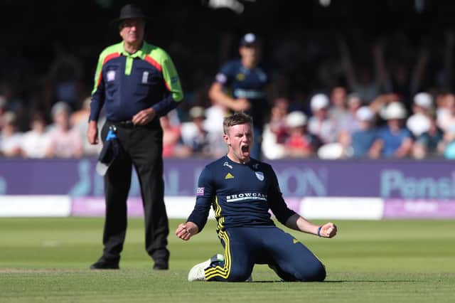 Mason Crane celebrates after taking the wicket of Kent's Sean Dickson during the Royal London One-Day Cup final in 2018. Photo by Sarah Ansell/Getty Images.