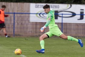 Former Pompey goalkeeper Leon Pitman was brought onto replace Horndean goalkeeper Cameron Scott with penalties looming against Brockenhurst. Picture: Duncan Shepherd
