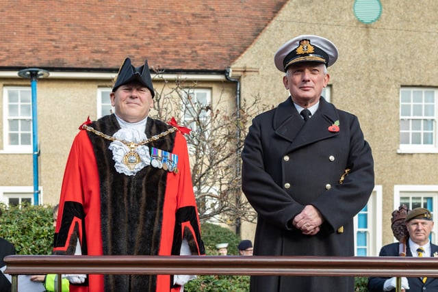 Admiral Sir Philip Jones GCB DL and the Worshipful Mayor of Gosport Councillor Martin Pepper take the salute. Picture: Mike Cooter (121123)