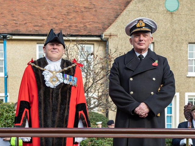 Admiral Sir Philip Jones GCB DL and the Worshipful Mayor of Gosport Councillor Martin Pepper take the salute. Picture: Mike Cooter (121123)