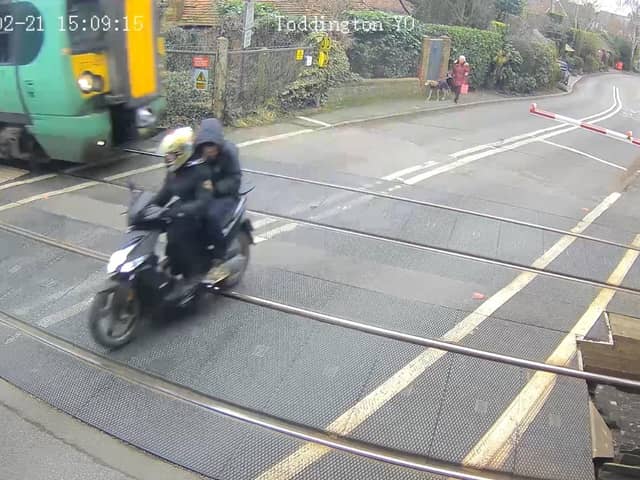 A moped is almost hit by a train at Toddington on a stretch of 70mph railway between Angmering and Ford/Littlehampton.