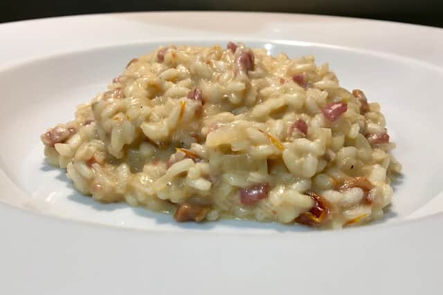 Bacon, tomato and cheese risotto.