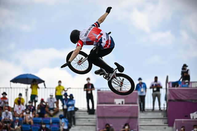Declan Brooks competes in the cycling BMX freestyle men's park seeding event at the Ariake Urban Sports Park. Picture: LIONEL BONAVENTURE/AFP via Getty Images.