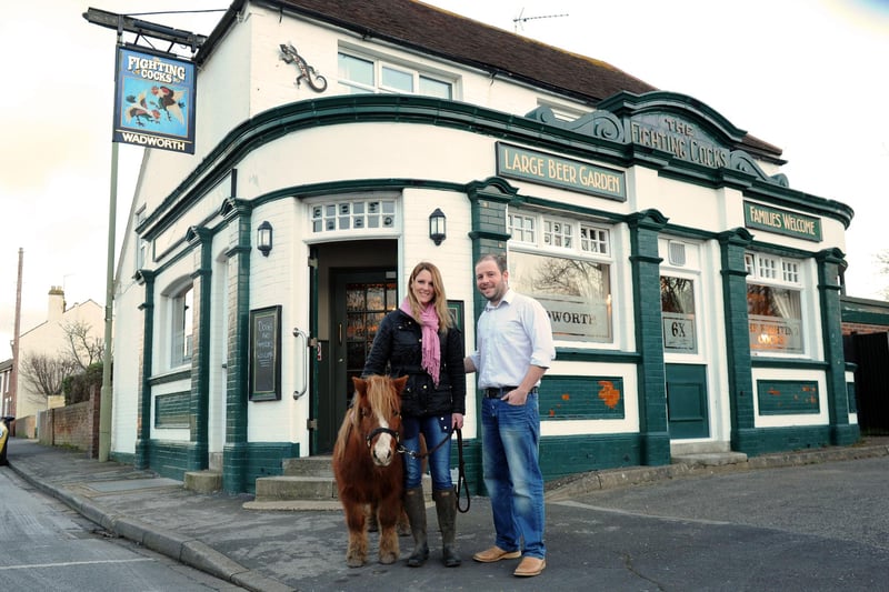 Shetland pony Albie with landlords Sybilla and Adam Pearce at The Fighting Cocks in Gosport in 2015 (150203-972)