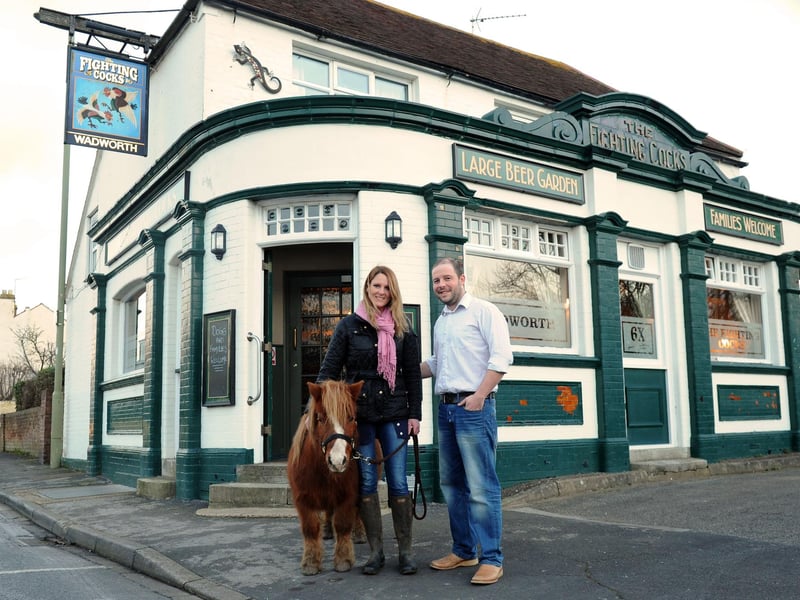Shetland pony Albie with landlords Sybilla and Adam Pearce at The Fighting Cocks in Gosport in 2015 (150203-972)