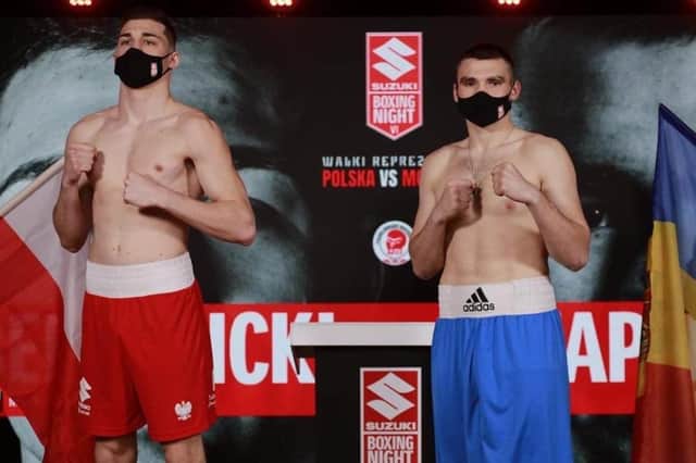 Mateusz Bereznicki, left, and Moldova's Andrei Zaplitini. Picture: 'Suzuki Boxing Night'