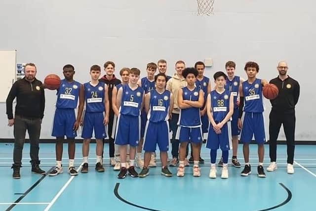 Portsmouth Basketball Club under-16s team with coaches Serge Bojev, far left, and Craig Dawson, far right, topped their regional South 2 under-16s England Basketball table in their first season at national league level