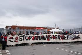 Trade unionists and protesters form a blockade outside weapons manufacturer BAE Systems in Rochester, Kent, in protest over the Israel-Gaza conflict and calling for an immediate ceasefire to halt the killing of civilians in Palestine. Picture: Gareth Fuller/PA Wire