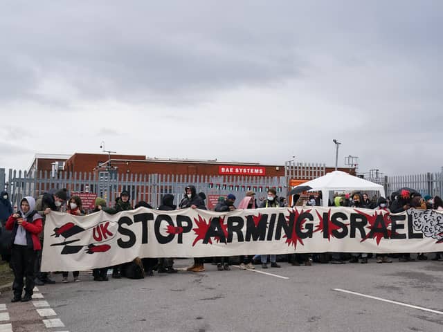 Trade unionists and protesters form a blockade outside weapons manufacturer BAE Systems in Rochester, Kent, in protest over the Israel-Gaza conflict and calling for an immediate ceasefire to halt the killing of civilians in Palestine. Picture: Gareth Fuller/PA Wire
