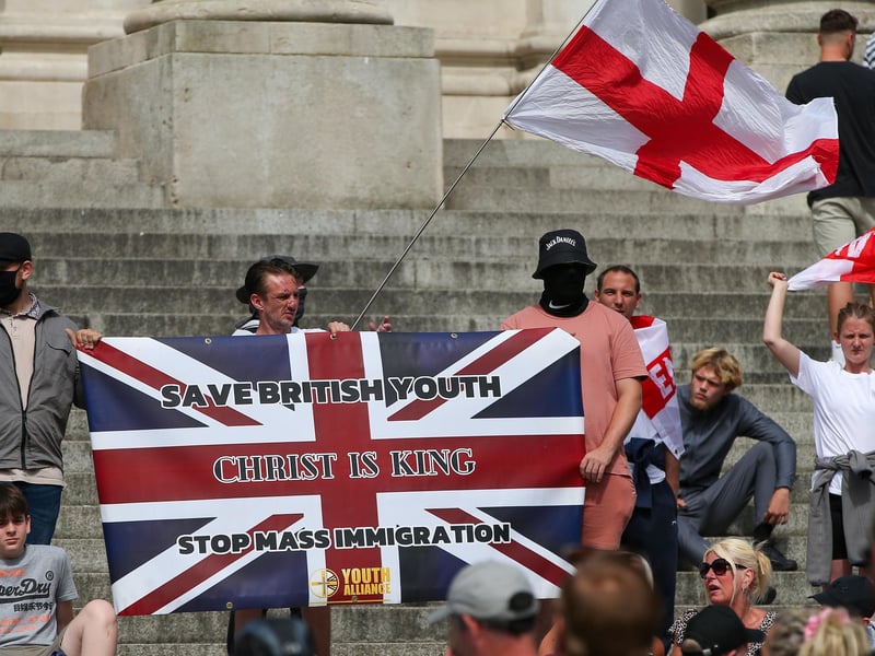 Protestors carrying Youth Alliance banner, a far-right nationalist group. Picture: Chris Moorhouse (030824-43)