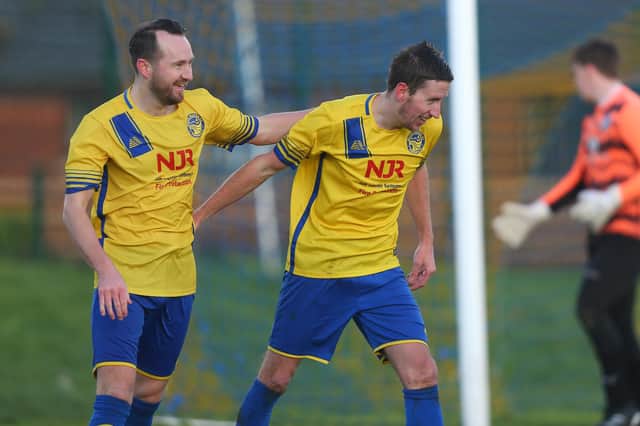 Dan Edwards, right, celebrates his goal with Conor Mansfield. Picture: Chris Moorhouse