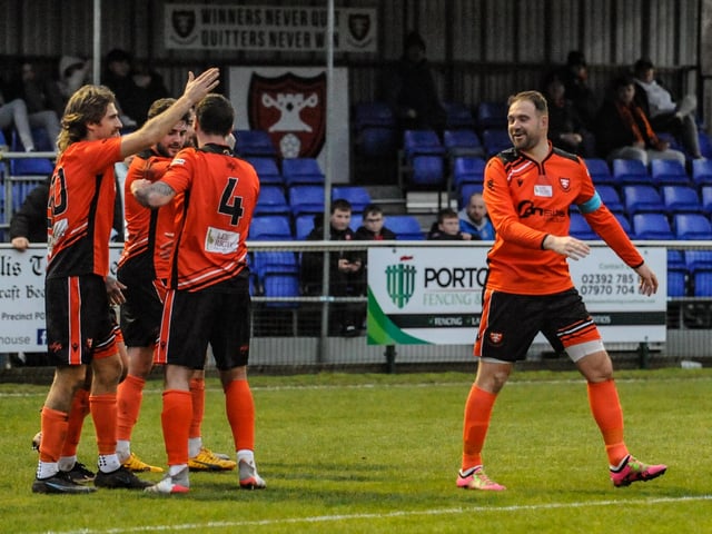 Portchester celebrate a goal against Shaftesbury. Picture by Daniel Haswell