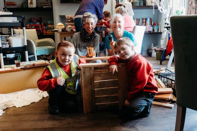 Clare and Stacey helped the children build a compost bin