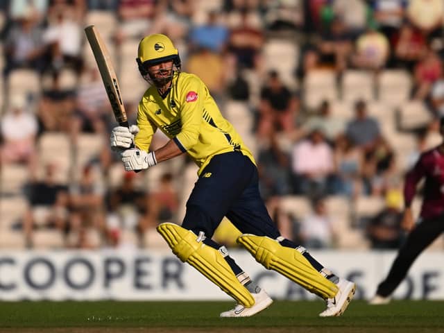 James Vince of Hampshire clips the ball off his legs during Hampshire's Blast win against Somerset at the Ageas Bowl this week. Picture: Mike Hewitt/Getty Images
