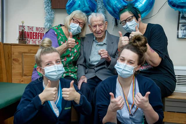 Jack Ruler with his carers, Sarah Merrick, Saffire Moxham, Jojo Green and Megan Light at Russell Churcher Court Care Home, Gosport.

Picture: Habibur Rahman