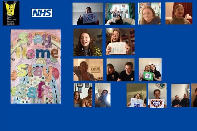 Performers from South Down Stage School in Waterlooville have starred in a video singing rewritten lyrics to Islands in the Stream as a thank you to NHS staff and key workers. Pictured: Part of the video where some students held up thank you signs