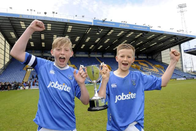 Tommy Leigh (right) pictured with Harvey Tanner (left) at Fratton Park after Priory School won the U13 County Cup Final against Salesian College in April 2013. Picture: Ian Hargreaves