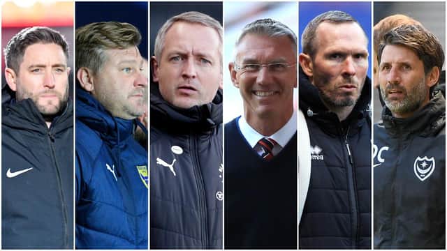 The managers involved in the play-off picture (from left) Sunderland's Lee Johnnson, Oxford United's Karl Robinson, Blackpool's Neil Critchely, Charlton's Nigel Adkins, Lincoln's Michael Appleton and Pompey's Danny Cowley