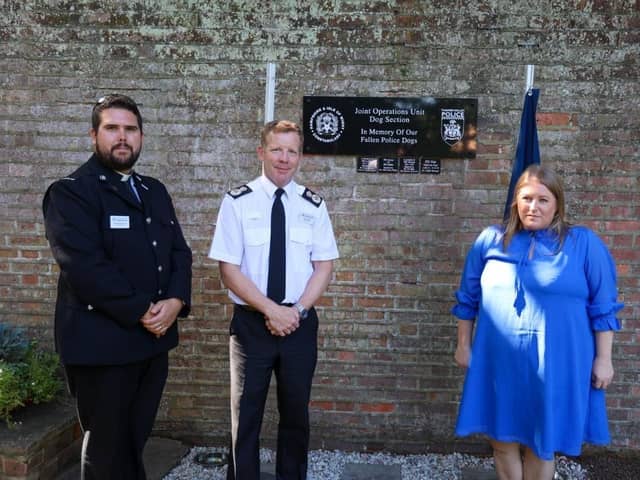 The Hampshire police force has paid tribute to fallen police dogs with a plaque. 

Pictured: Force Chaplain Reverend Dom Jones, Chief Constable Scott Chilton & PCC Donna Jones