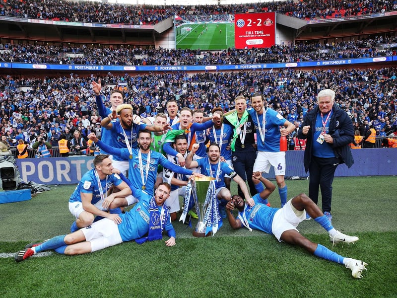 Back at Wembley for the first time since the 2010 FA Cup final and Pompey claimed the 2019 Checkatrade Trophy. Roared on by a record competition crowd of 85,021, the match finished level at 2-2 after extra-time, with Nathan Thompson and Jamal Lowe netting twice for the Blues. Then, in the penalty shoot-out, Craig MacGillivray saved from Lee Cattermole - and Oli Hawkins stepped up to net the winning penalty for Kenny Jackett's side. Picture: Joe Pepler