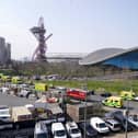 Emergency services near the Aquatics Centre, at the Queen Elizabeth Olympic Park in London, following a gas-related incident causing the area to be evacuated and cordoned off. Picture date: Wednesday March 23, 2022.