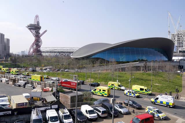 Emergency services near the Aquatics Centre, at the Queen Elizabeth Olympic Park in London, following a gas-related incident causing the area to be evacuated and cordoned off. Picture date: Wednesday March 23, 2022.