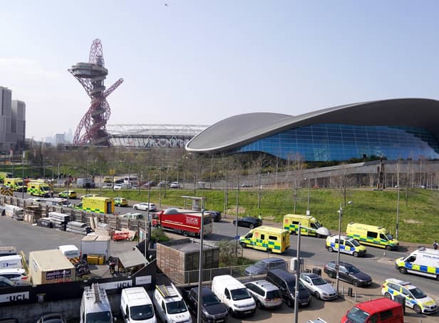 Emergency services near the Aquatics Centre, at the Queen Elizabeth Olympic Park in London, following a gas-related incident causing the area to be evacuated and cordoned off. Picture date: Wednesday March 23, 2022.