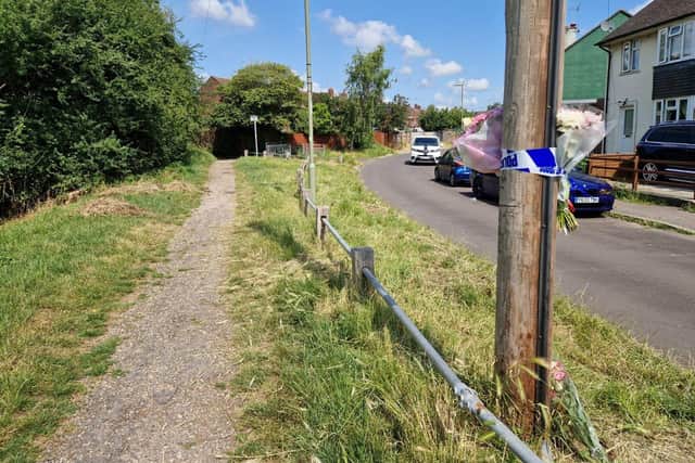 Floral tributes around Chalton Crescent, Leigh Park, Havant on Thursday 22nd June 2023 after the suspected murder of Barry Cairns
Picture: Habibur Rahman:Floral tributes around Chalton Crescent, Leigh Park